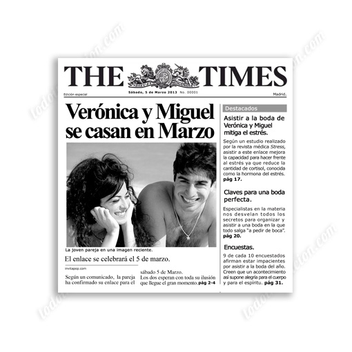 Tu invitación boda original como pocas, “Portada de Periódico”