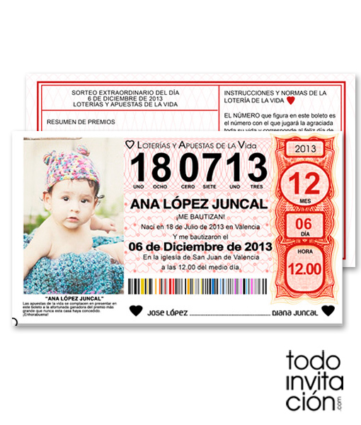 Invitación de bautizo original, décimo de lotería